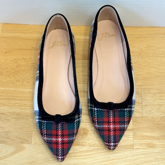 J Crew Pointed Bow Flats Snowy Tartan Plaid - Picture 2 of 9